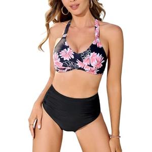Uikue Women's Two Piece Swimsuits Full Coverage Bikini Set Tummy Control Bathing Suit Push Up V Neck Twist Front Swim Suits, Size: S