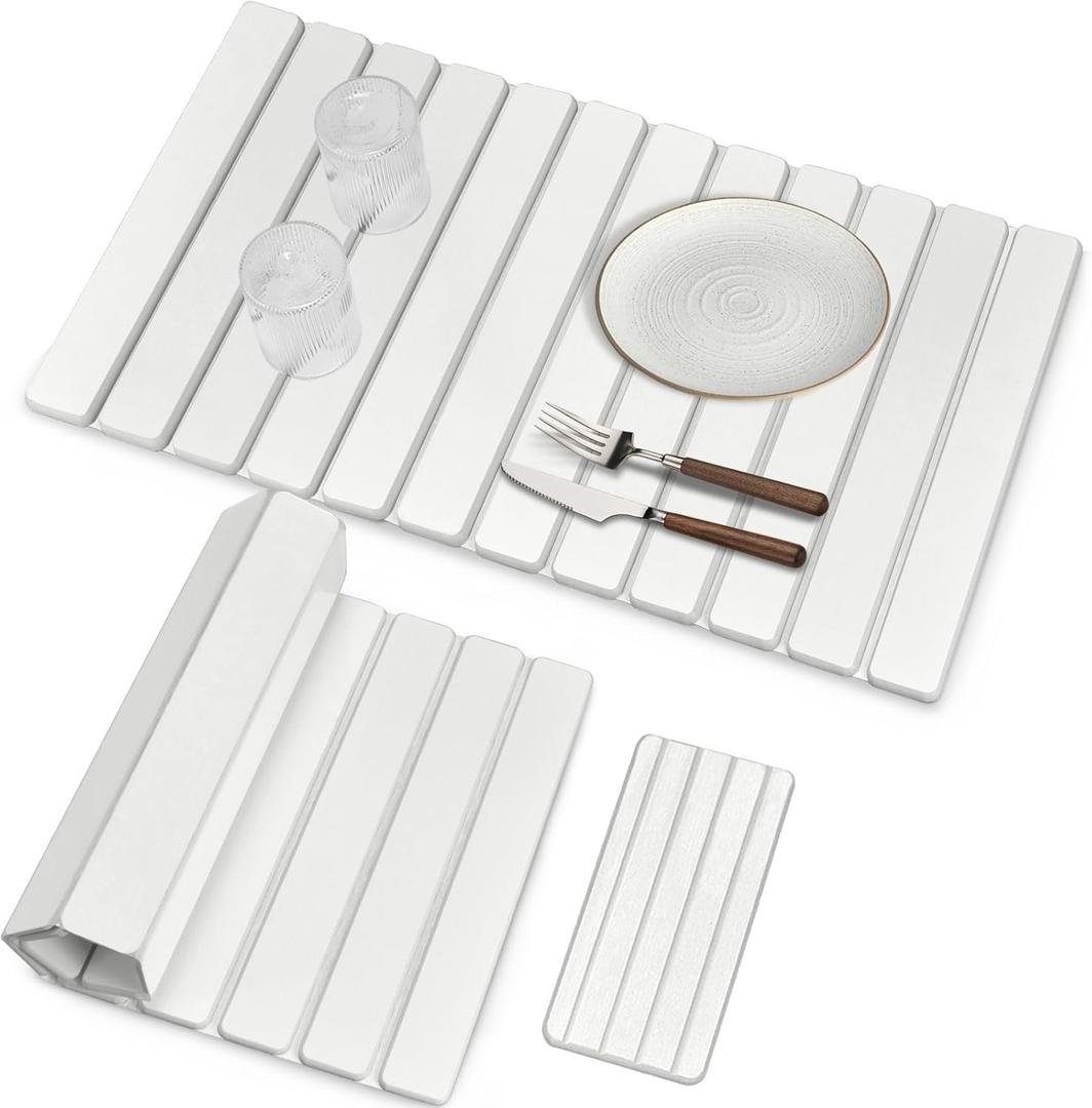 Large Stone Dish Drying Mats for Kitchen Counter, Fast Drying Collapsible Dish Drying Mat, Eco-Friendly Absorbent Diatomaceous Earth Mats for Dishes Cups, Match Any Countertop (White 28"×16" & 8"x4")