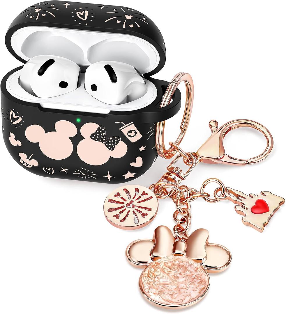 (with Cute Keychain) Girovo Compatible with Apple Airpods 4 Case 2024 Women, Soft Silicone Two-Tone Funny Cartoon Engraved Portable 360 Full Protection Anti-Scratch Air pod 4 Case Black/Pink