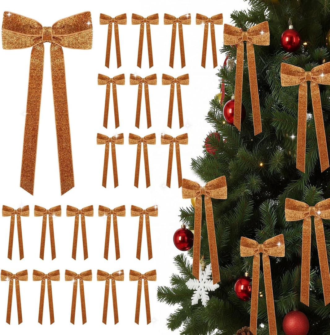 Zhengmy 24 Pcs Long Velvet Bows Glitter Christmas Ornaments Vintage Large Velvet Glitter Christmas Swag Staircase Wreath Tree Topper Bows Large Bow for Outdoor, 6.3 x 12 Inch(Orange)