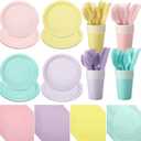 Mifoci 96 Pcs Pastel Disposable Dinnerware Set Include Pastel Paper Plates Cups Napkins Plastic Knives Forks Spoons Macaron Color Party Supplies for Birthday Decoration Wedding Baby Shower, 4 Colors
