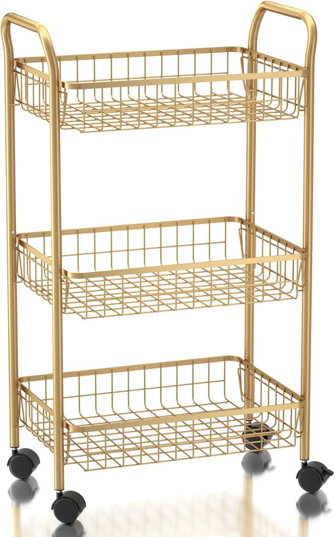 3 Tier Rolling Utility Cart, Storage Trolley Service Cart with Wheels Easy Assembly for Kitchen, Living Room, Office, Salon, Gold