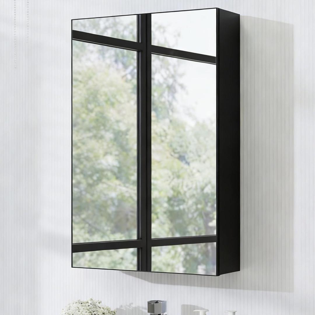 Panana Bathroom Cabinet Medicine Cabinets with Single Mirrored Door Wall Mounted Cabinet with Mirror, Storage Shelf with Adjustable Shelves Storage Organizer Kitchen Cupboard (Black, 15.7x23.6 inch)