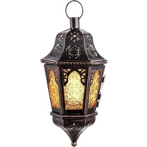 Ramadan Lantern Decorative Indoor & Outdoor, 13.6’’ Vintage Decorative Hanging Lanterns with Chian for Home Porch Patio Decor, Metal Christmas Moroccan Candle Holder Decorations (Amber)