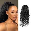 100% Human Hair Curly Drawstring Ponytail extension Water Wave, 16 inch 1B Natural Black Color, Afro Ponytail Brazilian Kinky Real Hair Ponytail Extensions For Black Women