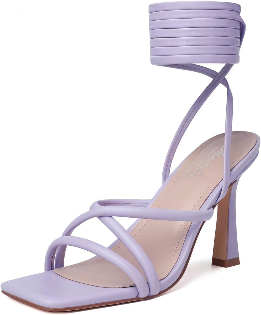 Mostrin Womens Sandals Strappy Heels for Women Lace Up Square Open Toe Heels Tie Up High Heeled Sandals for Prom, Party, Daily Wear (6, Light Purple)