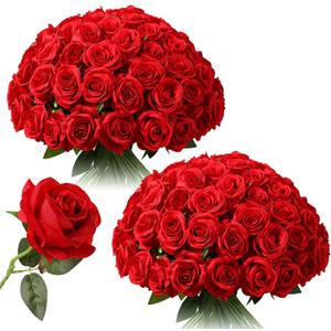 Tifuly 50pcs Red Roses in Bulk, Realistic Long Stem Fake Silk Roses Bouquet for Wedding Centerpiece Table Party Home Kitchen Decor