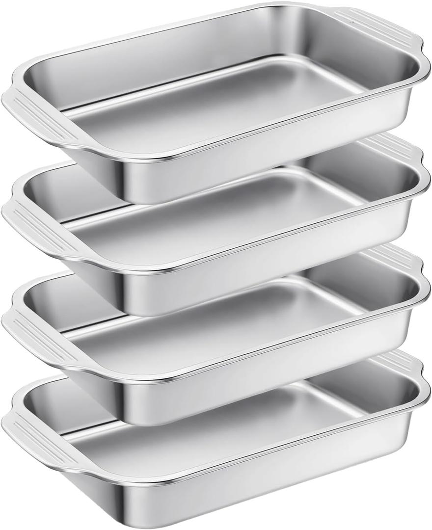 4 Pcs Stainless Steel Cake Pan with Handle 9 x 13 Inch Baking Bakeware Rectangle Breads Baking Pan for Dishwasher for Vegetables Fish Cakes Casseroles