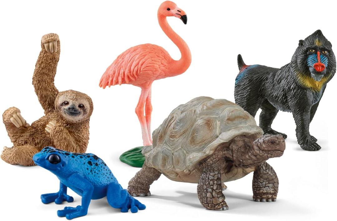 Schleich Wild Life - 5PC Exotic Animal Starter Playset Figurine Bundle - With Flamingo, Sloth, Frog, Giant Tortoise and Monkey Figures for Boys and Girls - Realistic Animal Toys Kids Ages 5+ | 77590