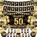 47PCS 50th Birthday Decorations for Men Women, Happy Birthday Banner With Balloons,Backdrop,Cake Toppers,Cupcake Toppers.Black Gold 50th Birthday Party Decorations for Men Women.
