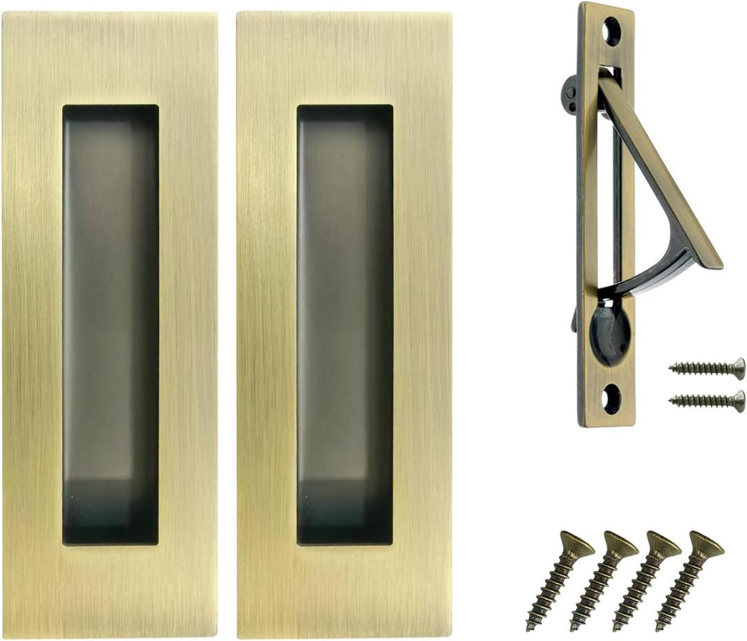 Pocket Door Pull and Edge Pull Antique Brass Set, 6-Inch Handles Hardware Latch, Recessed Finger Flush Pulls, for Closet,Sliding,Barn Door