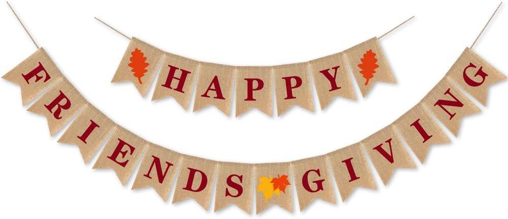 SWYOUN Burlap Happy Friendsgiving Banner Maple Leaf Thanksgiving Friends Party Supplies Bunting Garland Decoration