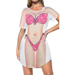elescat Women's Beach Cover Up Bikini Printed Short Sleeve Tshirt Dress Baggy Cute Coverups (X-Large, Pink)