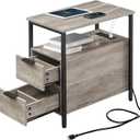 VASAGLE Side End Table with Charging Station, Slim Nightstand with 2 Drawers, Narrow Bedside Table for Living Room, Small Spaces, Heather Greige and Ink Black ULET321B02