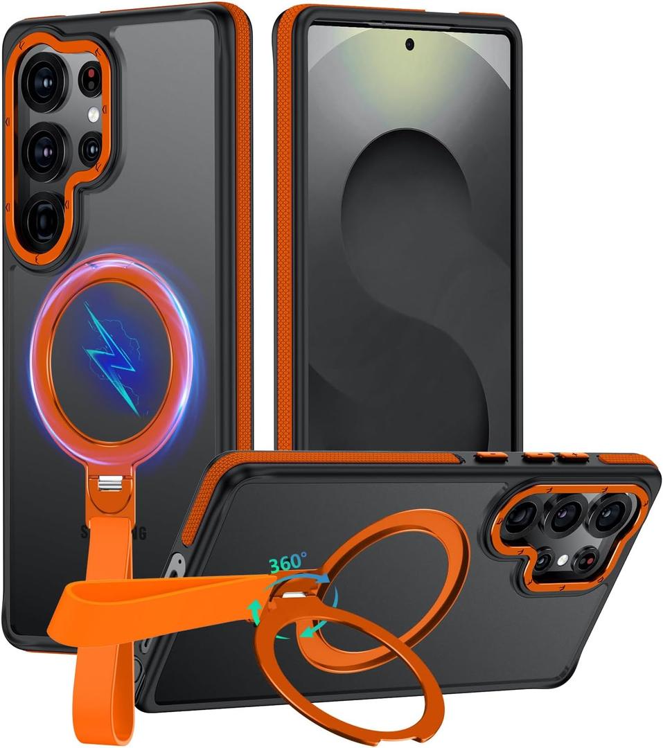 for Samsung Galaxy S25 Ultra Case with 360Spin Magnetic Stand-Finger Strap, [Fit for MagSafe] [Mil-Grade Protection] Non-Slip Shockproof Ring Holder Matte S25 Ultra Phone Case (Orange)