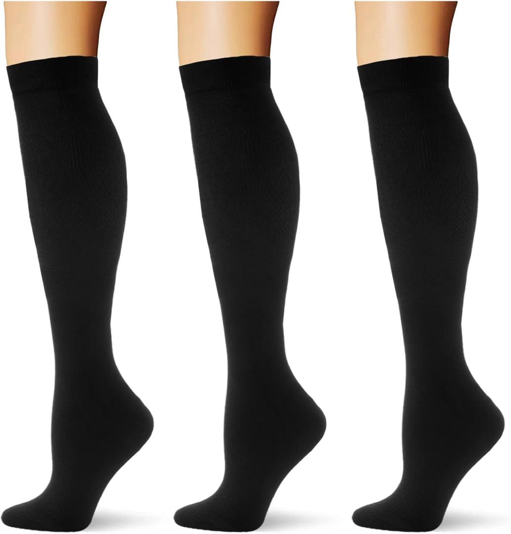 (3 pairs) Compression Socks 20-30 mmHg Long Knee High Socks for Women Men Support Athletic Travel Daily Wear (Black, XS)