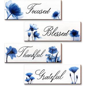 MONKLE Blue Wall Decor for Living Room 4 Pieces - Focused Grateful Blessed Thankful Wood Signs, Flowers Art Decor Wooden Hanging Plaques, Floral Art Decorations for Home Kitchen