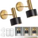 Battery Operated Wall Sconces Set of 2, Modern Wireless Black Wall Lights Fixtures,Cordless Wall lamp with Memory Function, with Remote Control Apply to Bedroom, Living Room, Corridor Stairs (Black and Gold)