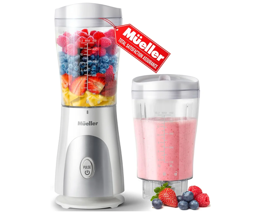 Mueller Personal Blender for Shakes and Smoothies with 15 Oz Travel Cup and Lid, Juices, Baby Food, Heavy-Duty Portable Blender & Food Processor, White