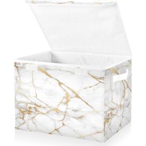 Storage Bin with Lid Gold Geometric Marble White Golden Edge Foldable Storage Box Washable Fabric Storage Cubes Bin Organizer Basket Closet for Home Bedroom Closet Nursery Office (Multi7)