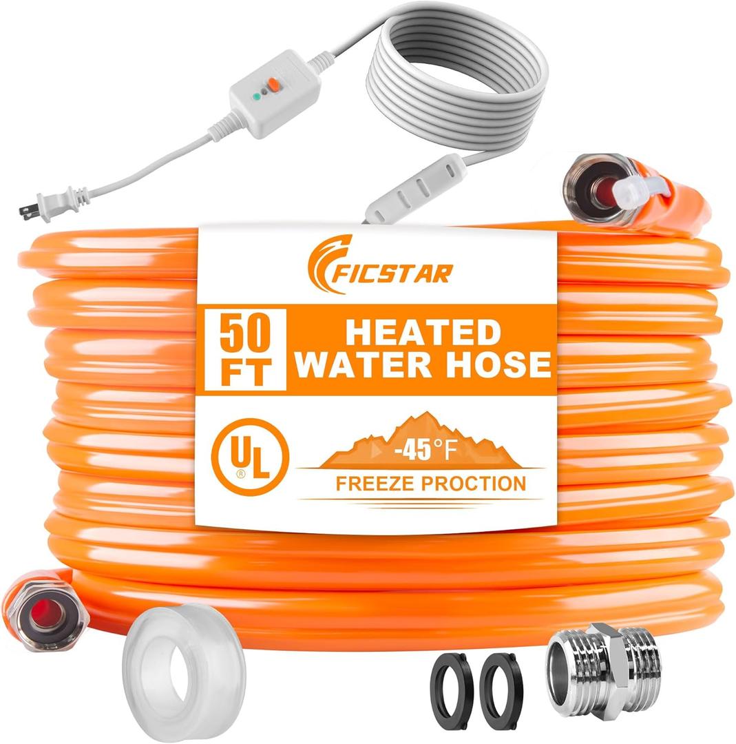 50FT Heated Water Hose for RV, Heated Drinking Water Hose Antifreeze to -45F, Water Heater Thermostat with Self-regulating Function, 5/8" I.D. with 3/4" GHT Adapter, Lead and BPA Free, No Odor