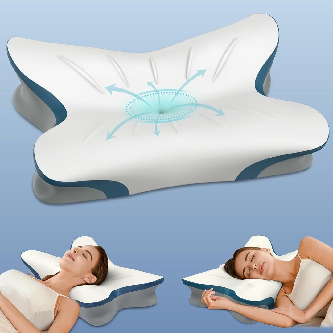 Cervical Pillow for Neck Pain Relief - Ergonomic Neck Pillow for Sleeping Contour Memory Foam Pillows for Neck Support, Orthopedic Bed Pillow for Side Back Stomach Sleepers (White & Blue)