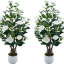 Jcezvnt 2 Pack Artificial Camellia Tree with White Pot, 38" Faux Potted Plants for Indoor Outdoor Decor, Tall Silk Greenery Plant for Home Offce Living Room Balcony, White