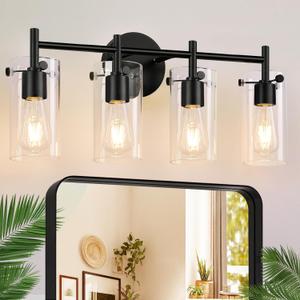2023 Upgrade 4-Light Matte Black Bathroom Vanity Light Fixtures, Clear Glass Shade Wall Sconces for Mirror, Bedroom, Living Room, Hallway 2023 Upgrade 4-Light Matte Black Bathroom Vanity Light Fixtures, Clear Glass Shade Wall Sconces for Mirror, Bedroom, Living Room, Hallway