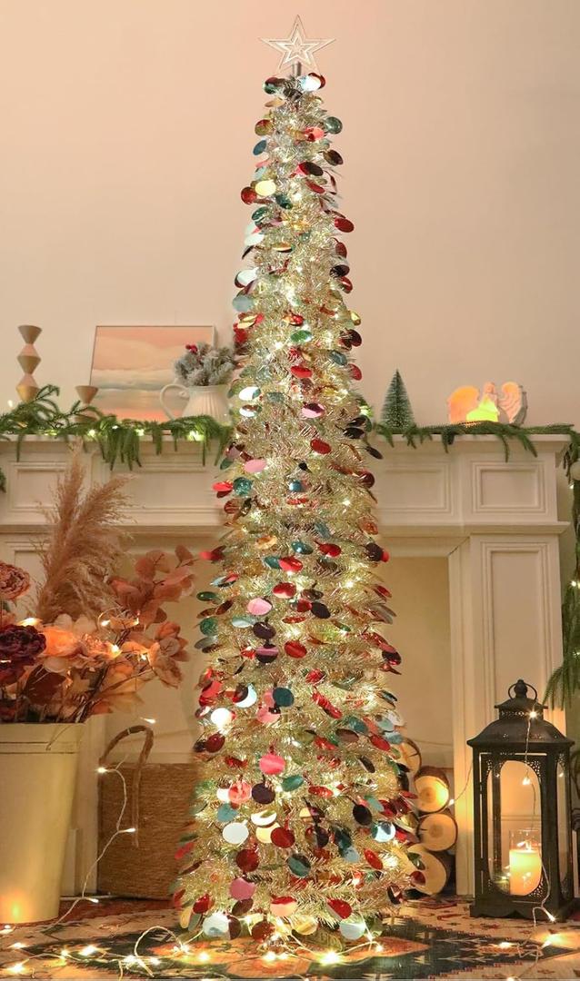 6 FT Pop Up Christmas Tree with 100 LED Timer Lights & Remote, Silver Collapsible Christmas Tinsel Tree Artificial Pencil Tree Xmas Decoration for Holiday Home Office Party, USB Powered, Colorful Silver