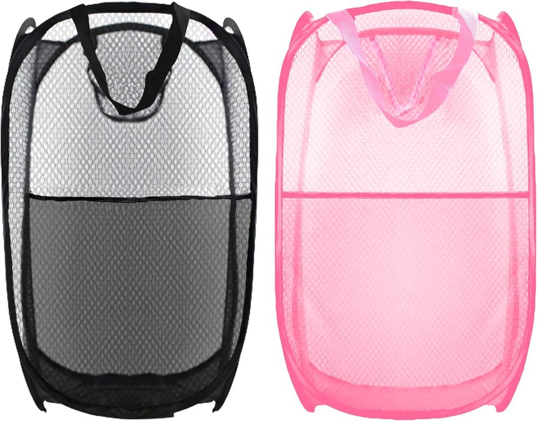 Collapsible Pop Up Laundry Hamper, Extra Large Mesh Foldable Laundry Basket Bag, 28" x 16" x 16", 2 Pack (Black + Pink)