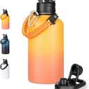 Half Gallon Water Bottle with 2 Lids (Straw & Spout), 304 Stainless Steel Sports Insulated Bottle with Handle, 64 oz Vacuum Double Walled Water Jug with Wide Mouth, BPA Free, Yellow&Orange