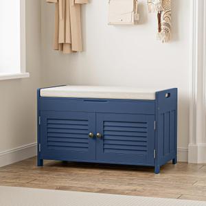 WARMHONIU Shoe Storage Bench with Lift Top Storage, Entryway Bench with Cushioned Seat, Adjustable Shelf, 2 Tier Shoe Rack with Doors for Entryway, Bedroom, Hallway, Mudroom, Blue, 28.4"W
