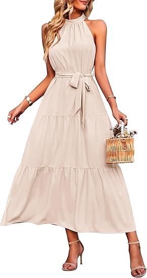 PRETTYGARDEN Women's Summer Floral Maxi Sun Dress Sleeveless Halter Neck Flowy Ruffle Hem Long Boho Dresses Size S