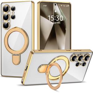 Compatible with Samsung Galaxy S24 Ultra Case with Magnetic Ring Stand [Compatible with Mag-Safe] [Full Camera Lens Protector] Plating Clear Phone Case for S24 Ultra 6.8", Gold