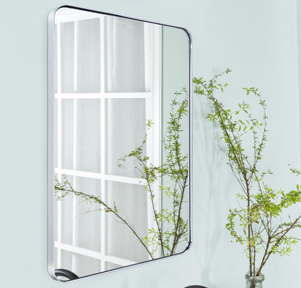 TEHOME 24x36'' Chrome Rounded Rectangle Bathroom Mirror Polished Silver 36 x 24 inch Metal Framed Rectangular Vanity Mirror
