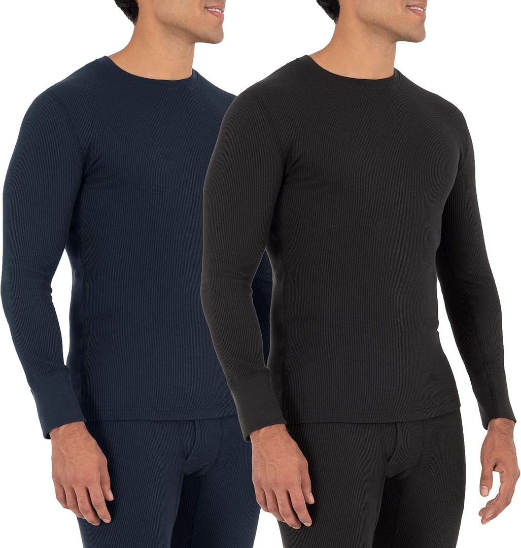 Fruit of The Loom Mens Recycled Waffle Thermal Underwear Crew Top (1 and 2 Packs) (Large, Black/Navy)
