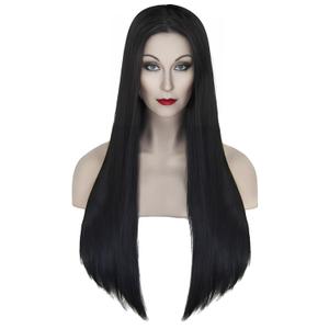 Long Black Morticia Addams Wig, Black Straight Wig for Morticia Costume, Adams Cosplay Hair, Vampire Wigs for Women, Halloween Vintage Gothic Draculaura Wigs (Adult), 22 x 7 x 1 inches