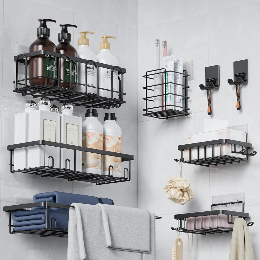 9-Pack Rustproof Stainless Steel Shower Caddy Set, No Drill Adhesive Bathroom Organizer with 40LB Capacity, Space-Saving Shelves for Apartment Essentials, Bathroom/Kitchen Storage & Rent-Friendly