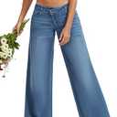 AIMILIA Women's Low Rise Wide Leg Jeans, Boyfriend Baggy Straight Leg Stretch Denim Pants, Crossover Closure Casual Trouser L
