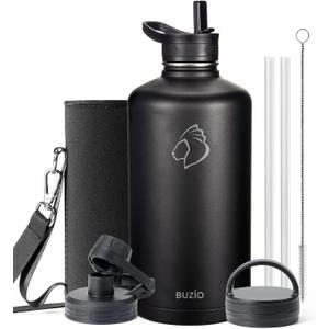 BUZIO Gallon Water Bottle Insulated with straw and 3 lids, 128 oz Water Jug Large Vacuum Stainless Steel Metal Flask, Leak Proof & BPA-Free, Cold for 48 Hrs, Black
