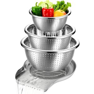 Palksky Stainless Steel Colander Set with Self-Draining Base, 3 Sizes Colanders & Food Strainers for Pasta, Rice, Fruits & Veggies, Metal Colander with Draining Plate for Sink or Countertop