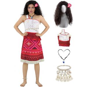 Tropical Island Princess Dress for Women Ocean Hawaiian Adventure Halloween Skirt with Wigs Necklace Dress Up Large