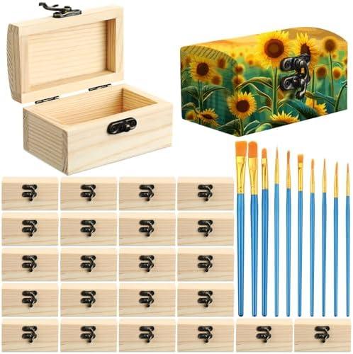 Chumia Pack of 24 Unfinished Wooden Craft Boxes with 10 Paintbrushes Small Wooden Boxes Treasure Chest with Locking for DIY Baby Shower Pirate Decor, 3.5x2.2x2 Inch