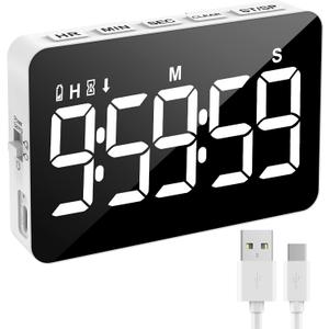 Rechargeable Digital Kitchen Timer for Cooking, Magnetic Timers with Countdown/up, Kids Timer with 5LED Display 3 Brightness 4 Volume Adjustable for Classroom/Office/Home/Work/Study/Fitness/Game (Black+white)
