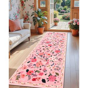 Pink Floral Runner Rug, 2x6 Flowers Printed Washable Rugs with Non Slip Backing for Girls Bedroom Kitchen Hallway, Cute Carpet Runners Home Aesthetic Decor