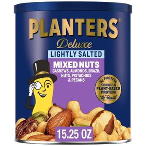 PLANTERS Deluxe Mixed Nuts, Cashews, Almonds, Brazil Nuts Mix, Pistachios, Pecans, Lightly Salted, Snacks for Adults and Kids, Party Snack, 15.25oz (EXP 08/21/26)