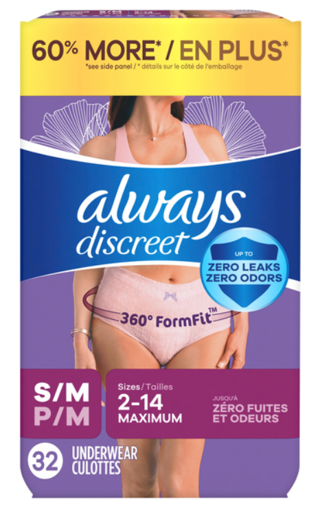 Always Discreet Adult Incontinence Underwear for Women and Postpartum Underwear, Small/Medium, Up to 100% Bladder Leak Protection, 32 Count
