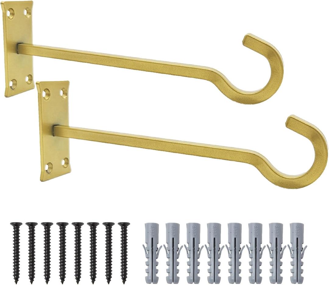 QIEGL 10inch Heavy Duty Plant Hangers Outdoor or Indoor Bird Feeder Hanger Shepherd Hooks 2pcs Gold Metal Wall Hook for Hanging Plant Bracket, Lantern, Flower Basket, Wind Chimes