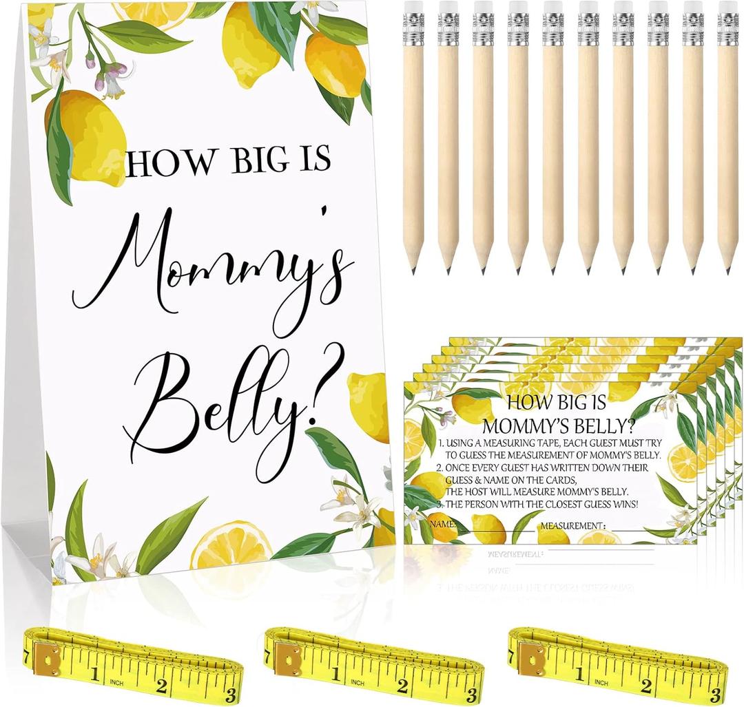Sabary 64 Pcs Lemon Theme Baby Shower Game Kit, How Big is Mommy's Belly Stand Sign, 50 Guess Cards, 3 Measuring Tapes, 10 Pencils, Fun Baby Bump Measurement Activity for Gender Reveal Bridal Shower