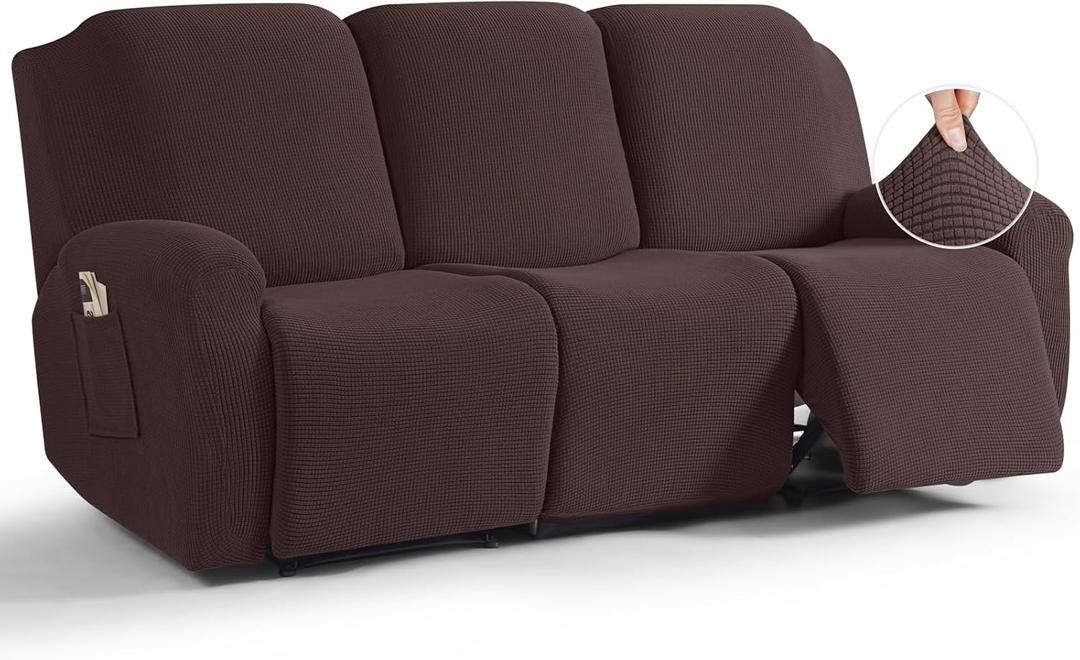 TAOCOCO Recliner Sofa Covers 8-Pieces Stretch Large Couch Covers for 3 Seats Reclining Slipcovers Soft Jacquard Pattern Furniture Protector (Dark Coffee)
